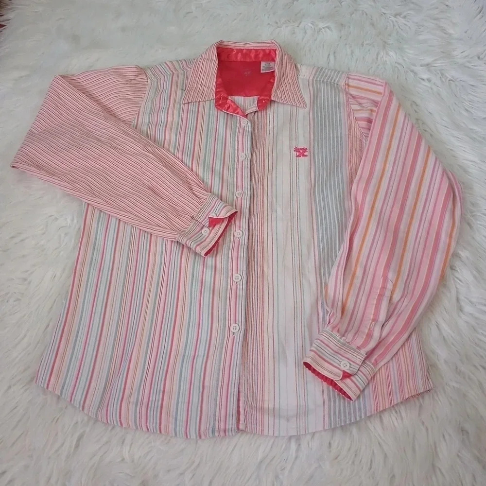 Twenty X Womens Button Up Shirt Multicolor Striped Long Sleeve Cuff Boyfriend M